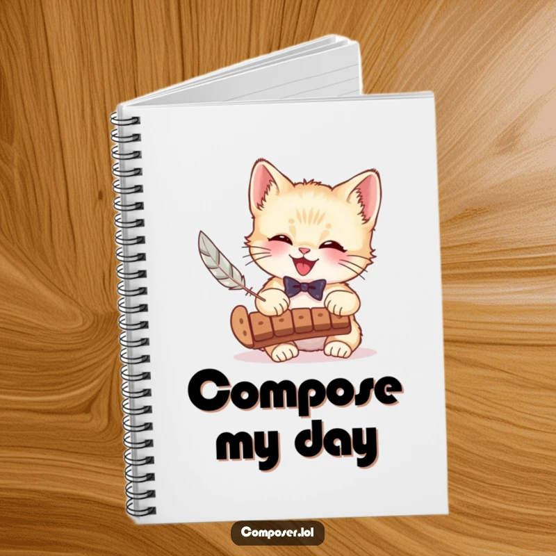 Funny notebook featuring a giggling kitten in a bow tie playing a xylophone with a feather, perfect for writing music or daily thoughts.