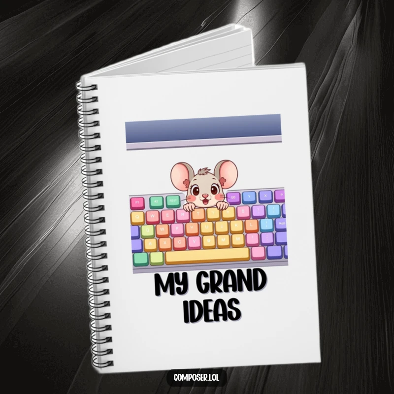 Funny Notebook: A surprised cartoon mouse peeking out of a giant, colorful musical keyboard, inspiring musical note-taking.