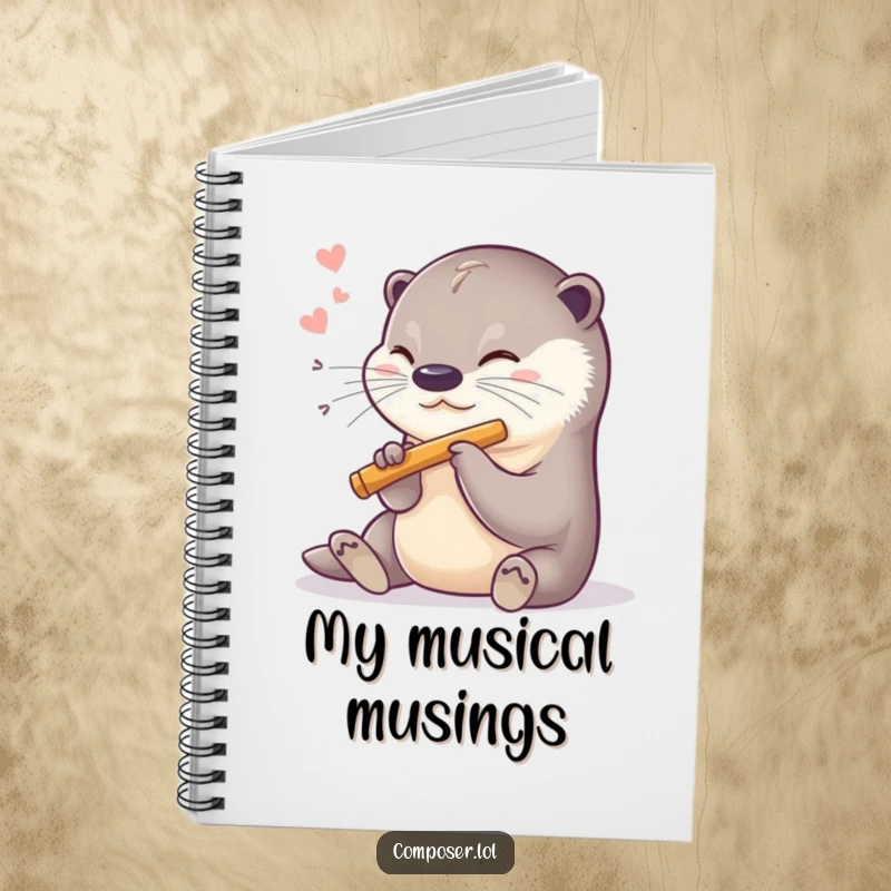 Funny notebook featuring a sweet otter playing a miniature flute, perfect for musical notes.