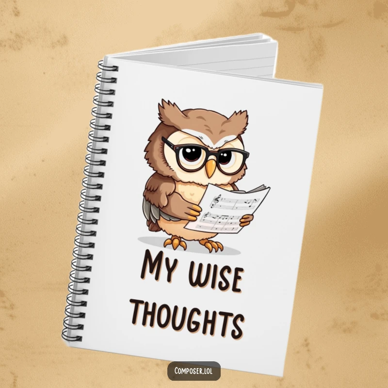 Funny Owl Scholar Notebook - An owl reading sheet music, ideal for jotting down notes, ideas, and academic thoughts.