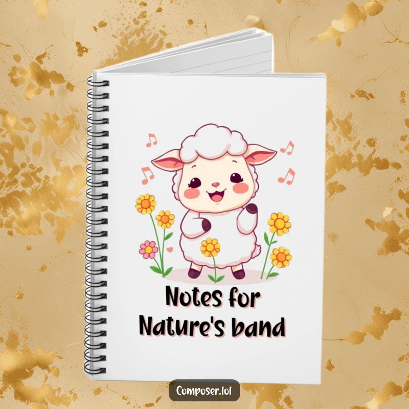 Funny sheep notebook featuring a cheerful sheep conducting flowers, ideal for jotting down notes with a musical and floral theme.
