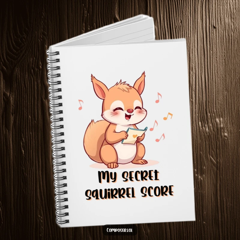 Funny Squirrel Composer Notebook, featuring a joyful squirrel composing music with notes creatively arranged on the page.