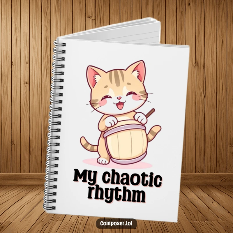 Funny notebook with a playful cat drummer, perfect for capturing musical notes or daily thoughts.
