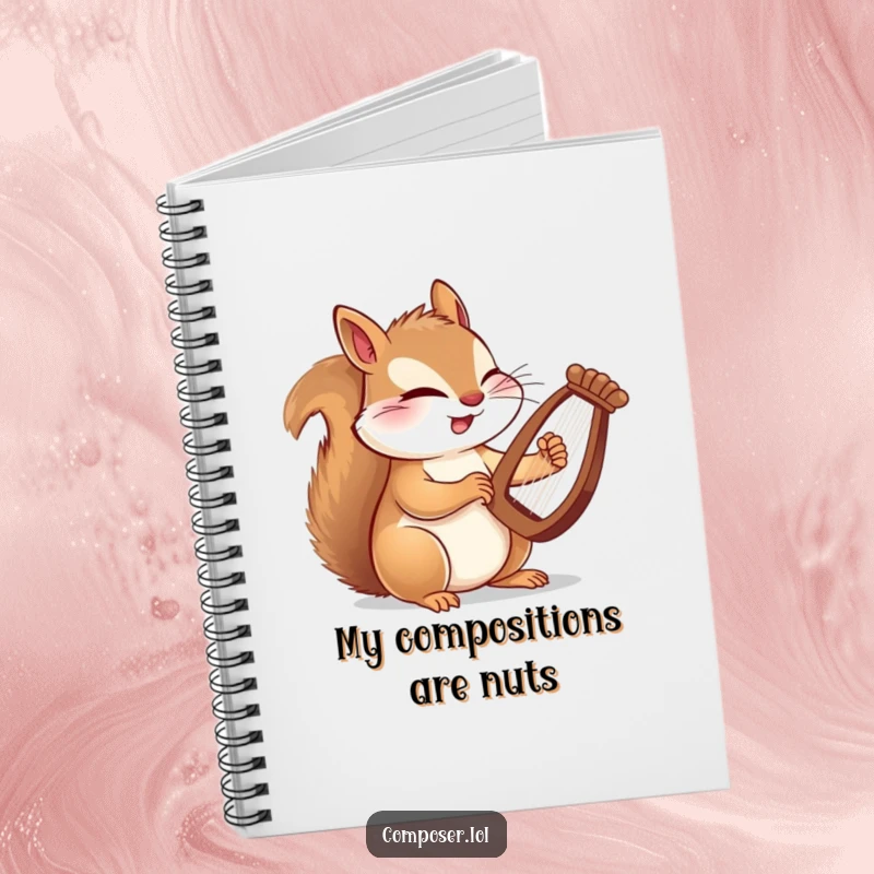 Funny notebook with a winking squirrel composer playing a tiny harp with lightning paws, ideal for capturing musical thoughts.