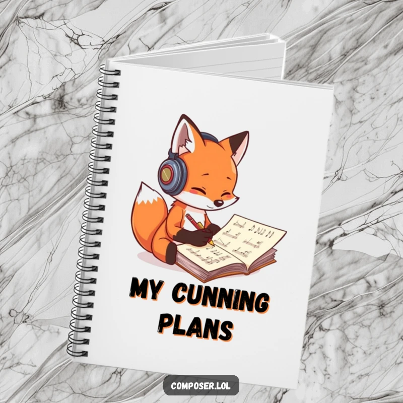 Funny fox composer notebook, a fox with headphones scribbling music, great for writing musical ideas or notes.