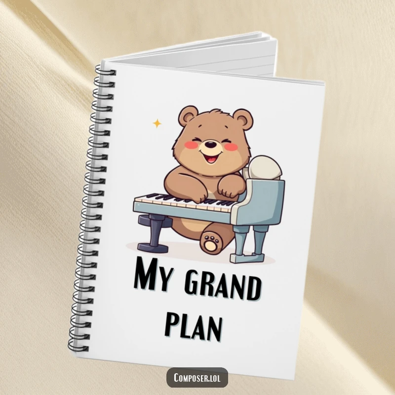 Funny bear composer notebook, featuring a bear playing a piano, great for jotting down musical ideas.