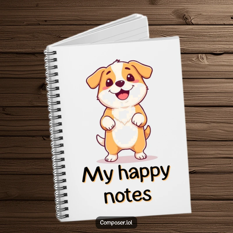 Funny proud dog tapping its foot, tail wagging, on the cover of a notebook.
