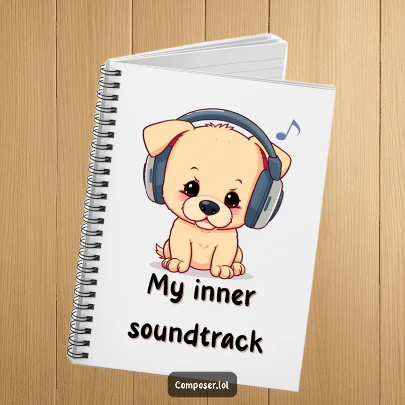 Funny notebook featuring a curious puppy wearing oversized headphones, bopping its head to unheard melodies, perfect for writing music or daily thoughts.