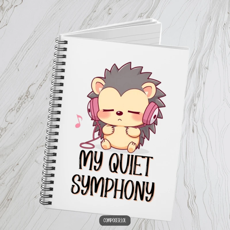 Funny hedgehog notebook cover, earbuds in, eyes closed, intensely listening to music, for journaling.