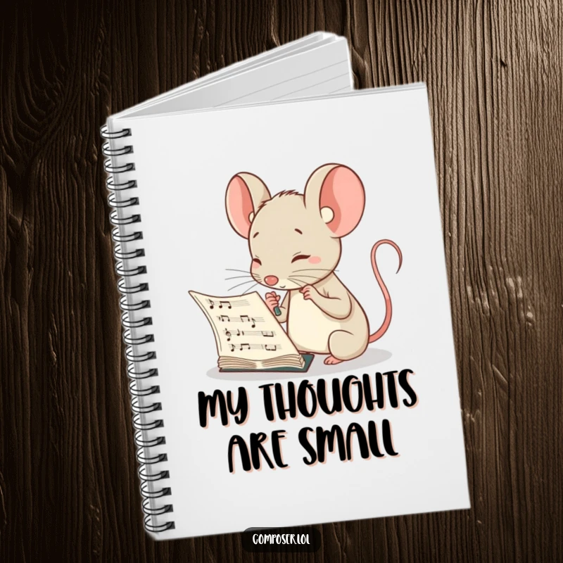 Funny notebook featuring a curious mouse composer peering intently at a musical score, perfect for noting musical ideas.