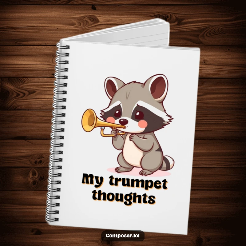 Funny Raccoon Trumpet Notebook: a playful raccoon blows into a tiny trumpet with puffed cheeks, perfect for journaling.