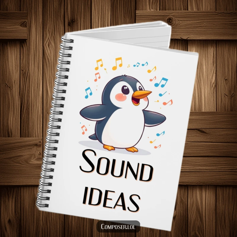 Funny penguin symphony notebook, a surprised penguin reacting to a loud symphony of sounds, ideal for jotting down notes.