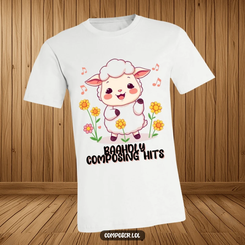Funny sheep t-shirt featuring a cheerful sheep conducting a chorus of flowers while humming, delightful and humorous apparel.