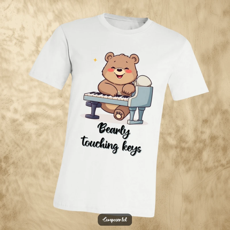 Funny bear composer t-shirt, a smiling bear playing a grand piano with all its paws in a joyful performance.