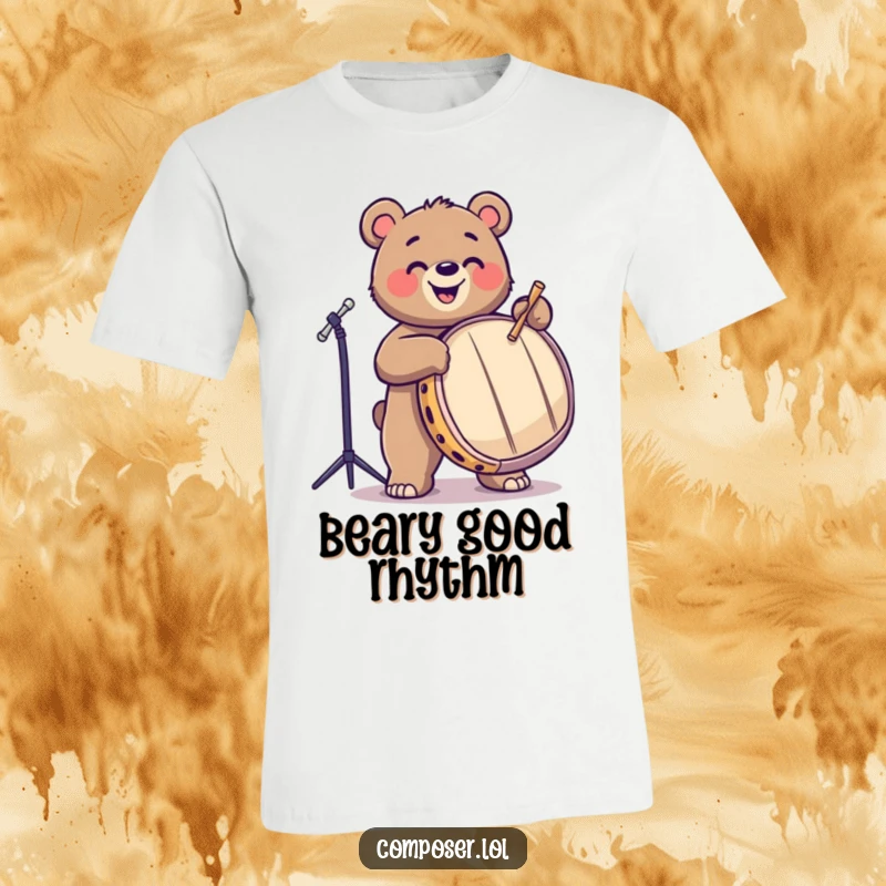 Funny, playful bear enthusiastically drumming on a large drum, depicted on a comfortable t-shirt. Great for musicians.
