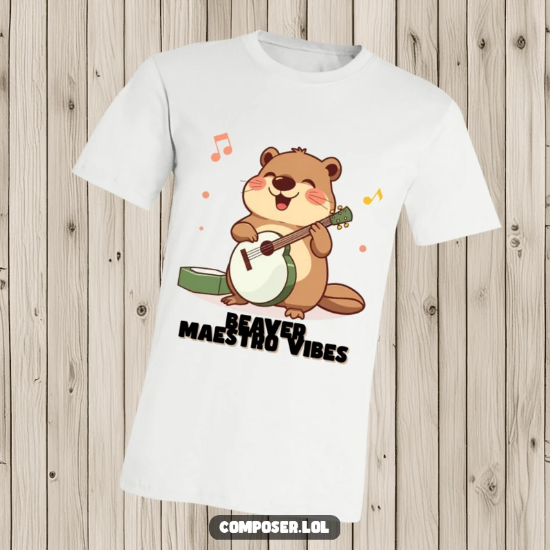 Funny t-shirt design of a beaming beaver meticulously arranging musical instruments with precise, happy, and organized actions.