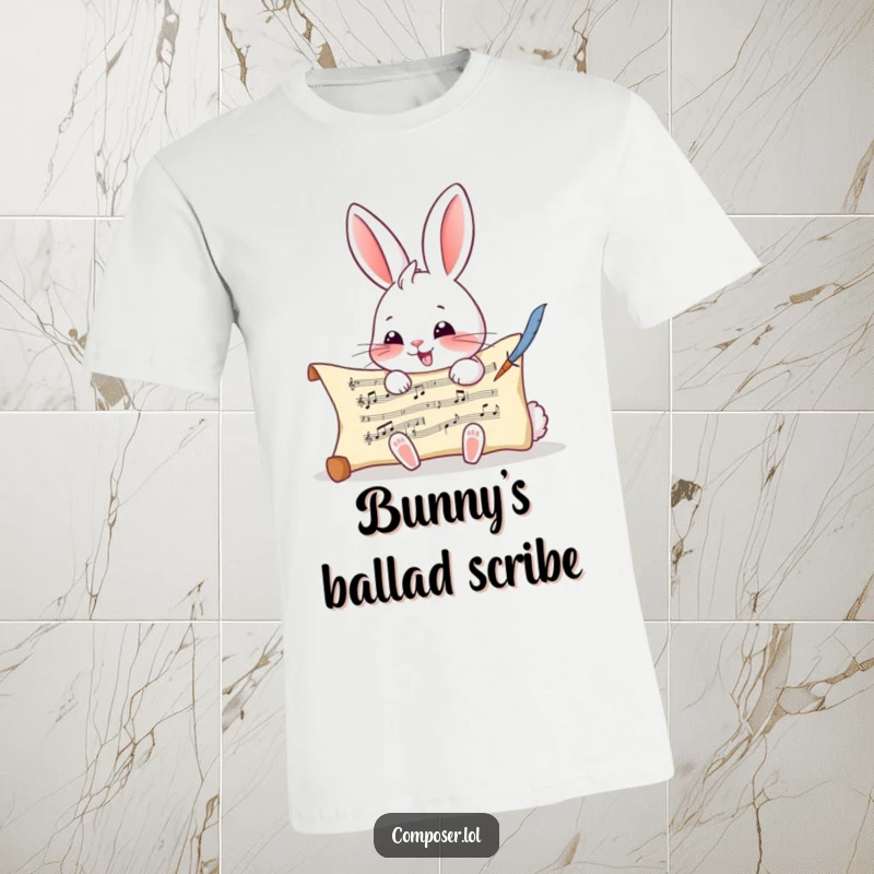 Funny Rabbit Composer T-Shirt - A joyful rabbit scribbling musical notes on a scroll with a quill, perfect for music fans.