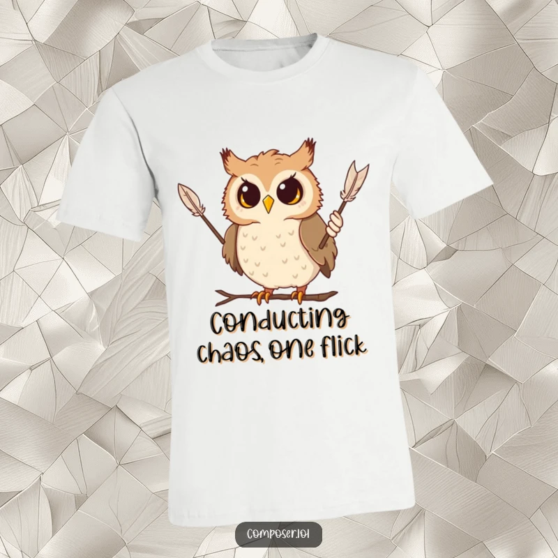 Funny owl t-shirt featuring a curious owl dramatically waving a feather as a baton, a humorous musical conductor.