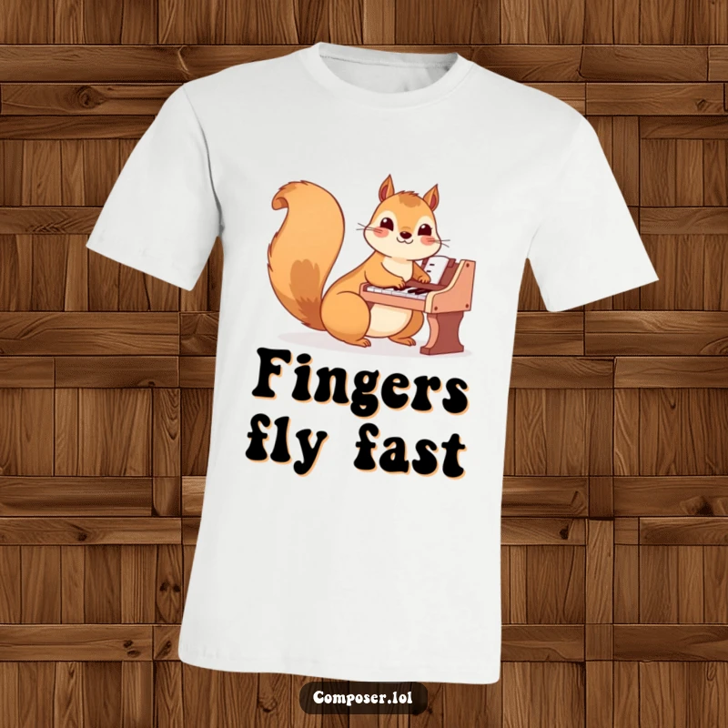 Funny Squirrel T-Shirt: A happy squirrel plays a miniature piano with quick, nimble paws, showcasing musical talent.