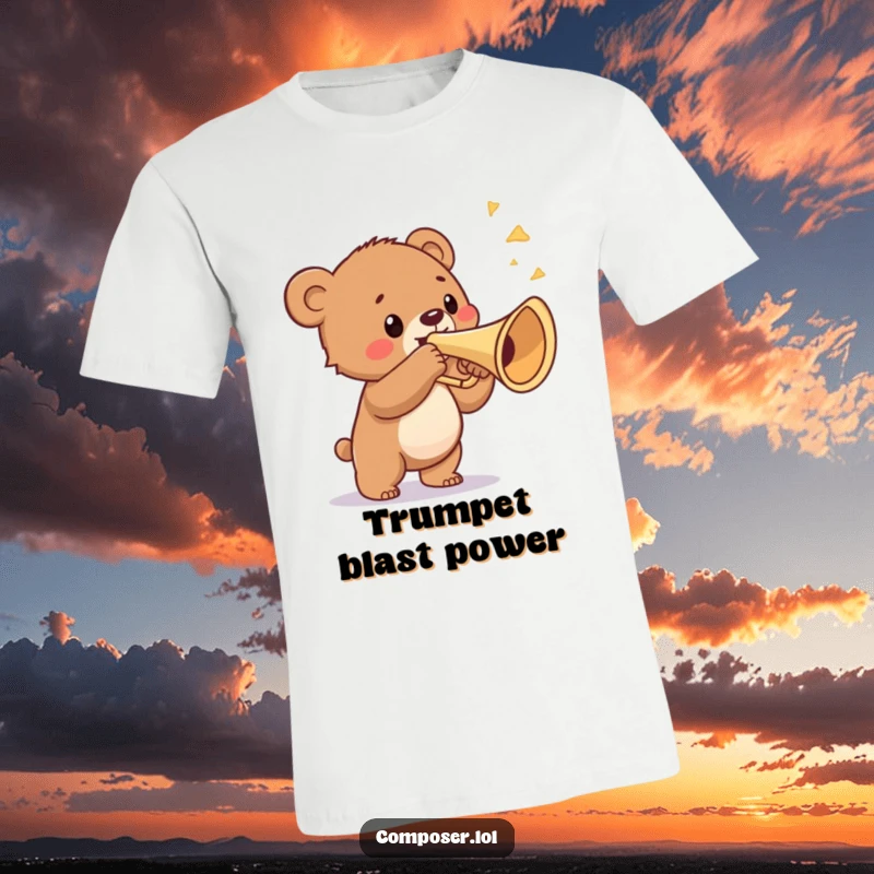Funny t-shirt featuring a proud bear cub triumphantly blowing a ridiculously large trumpet, exuding confidence and musical power.