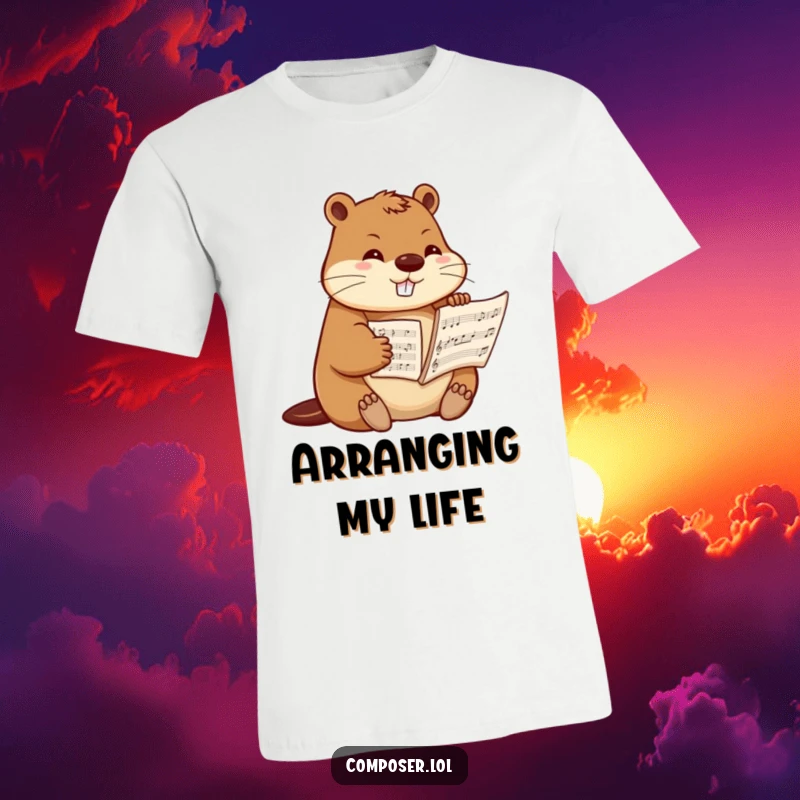 Funny beaver composer t-shirt, a focused beaver meticulously organizing musical scores with its small paws, a humorous tribute.