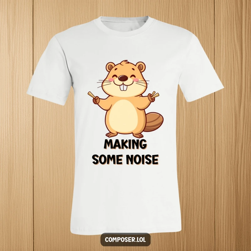 Funny Beaver Cymbals T-Shirt: Smiling beaver enthusiastically banging cymbals with a happy flourish, humorous music apparel