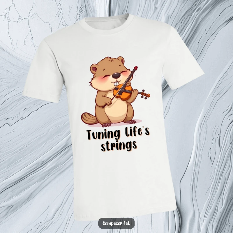 Funny t-shirt of a busy beaver concentrating intensely while tuning a violin, ideal for musicians.