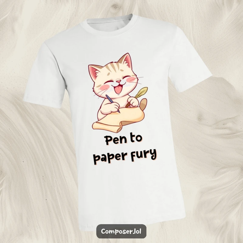 Funny cat scribe t-shirt, actively writing on a scroll with a quill, conveying intense focus. A funny apparel gift.