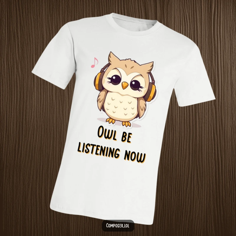 Funny t-shirt showing a curious owl wearing headphones and nodding to music, showcasing a love for beats.