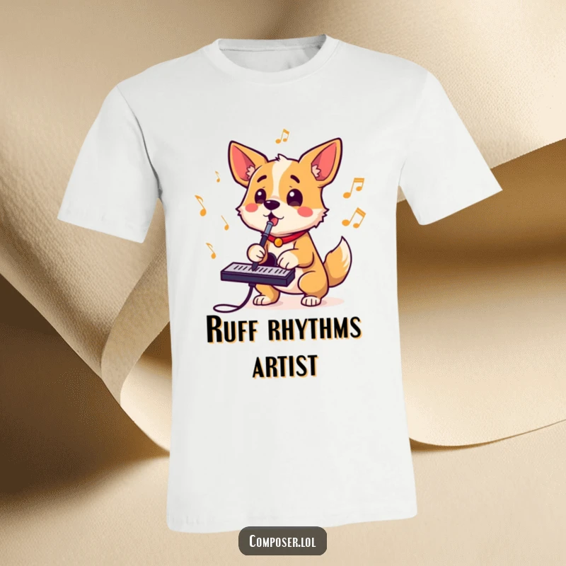 Funny t-shirt depicting a determined dog composer barking rhythms, tail wagging energetically, conveying pure musical joy.