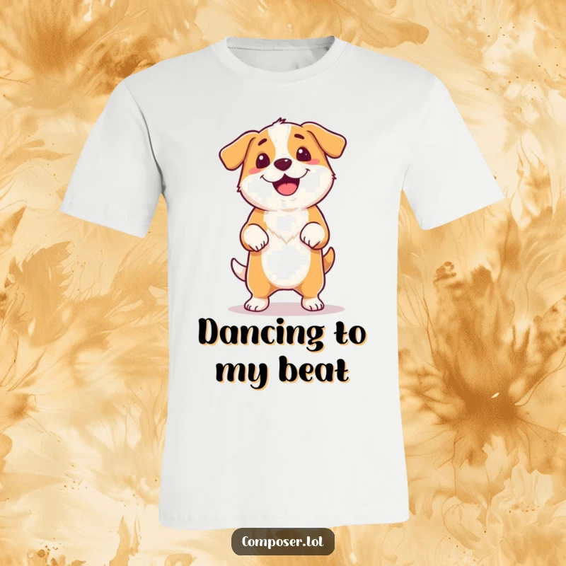 Funny proud dog tapping its foot to music, happy wagging tail, on a comfortable t-shirt.