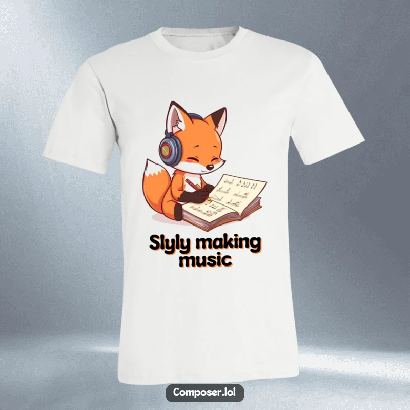 Funny fox composer t-shirt, a playful fox wearing headphones, enthusiastically writing music on a large manuscript.