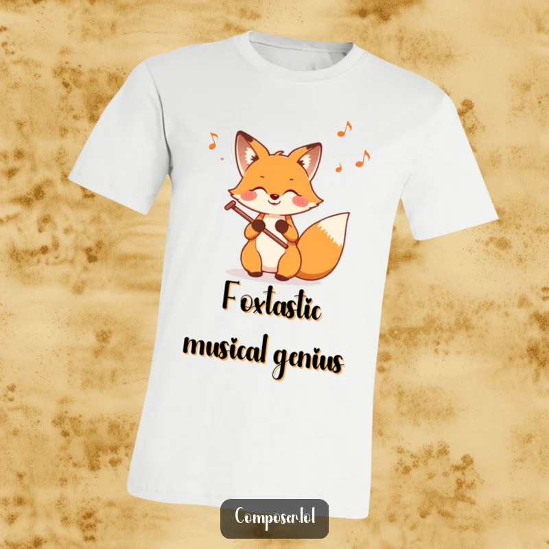 Funny Fox Composer T-Shirt, depicting a cheerful fox carefully composing music with notes gracefully floating off the staff.