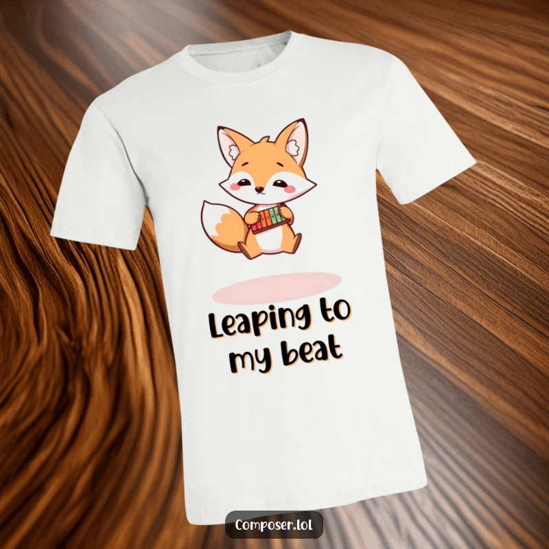 Funny fox t-shirt featuring a bouncy fox leaping while playing a tiny xylophone with energetic rhythm, humorous and spirited apparel.