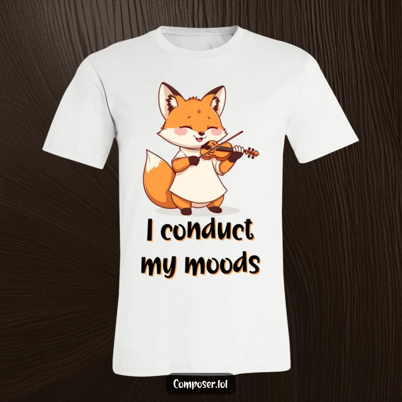 Funny t-shirt with a fox in a smock playing a tiny violin with its eyes closed, conveying joyful musical expression.