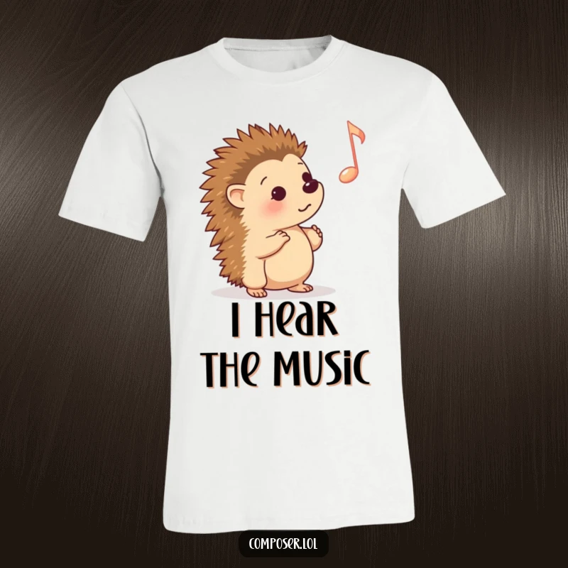 Funny T-Shirt: A curious cartoon hedgehog with a look of fascination listening to a single, prominent musical note floating nearby.
