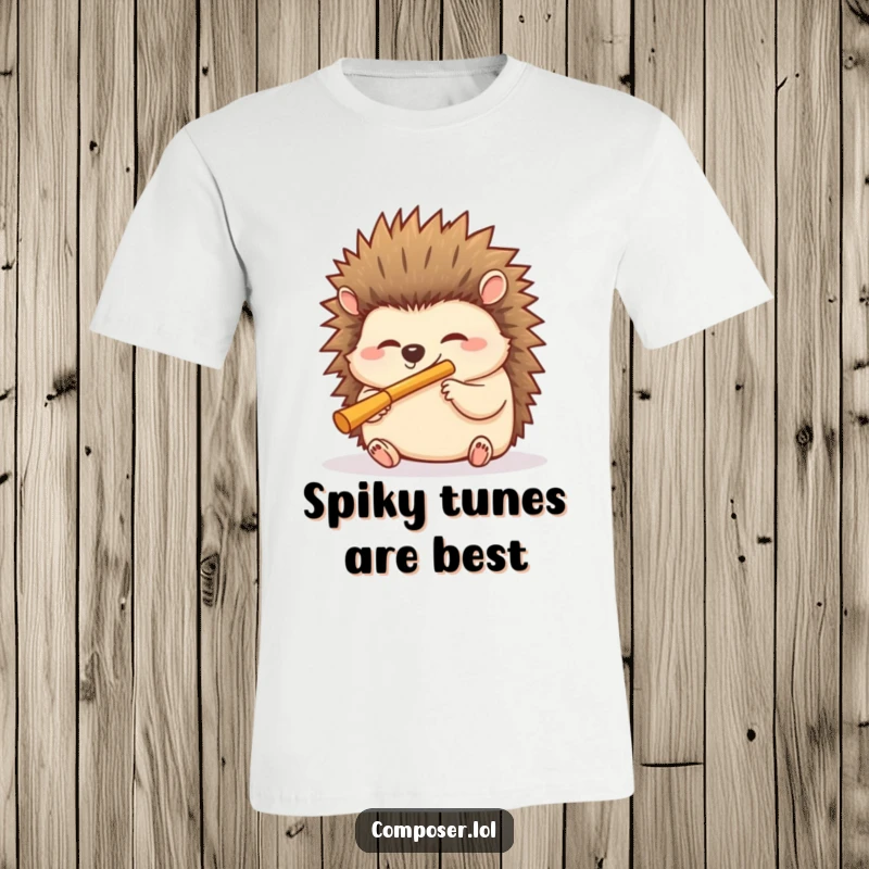 Funny hedgehog t-shirt featuring a giggling hedgehog blowing into a miniature flute with delight, a humorous and musical design.
