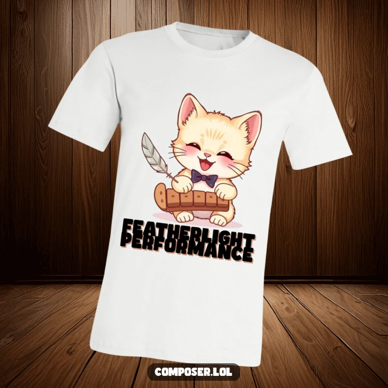 Funny t-shirt featuring a giggling kitten sporting a bow tie, playfully striking a xylophone with a feather, radiating musical joy and feline charm.
