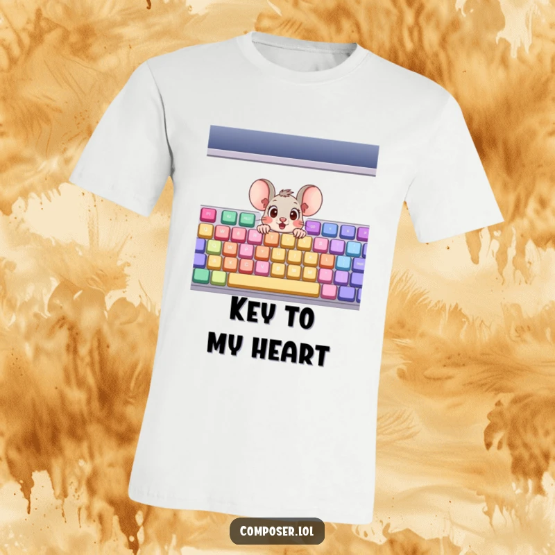 Funny T-Shirt: A surprised cartoon mouse with wide eyes emerging from a large, vibrant musical keyboard.