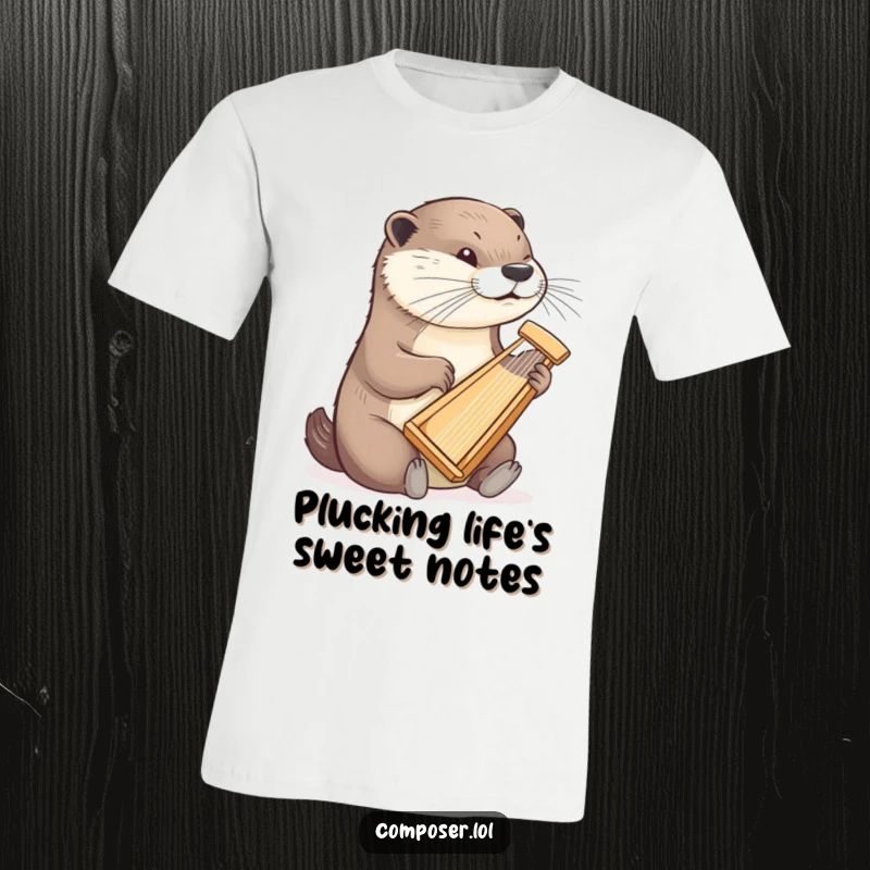 Funny otter t-shirt showing a determined otter playing a tiny harp with delicate finesse, a humorous and skilled musician.