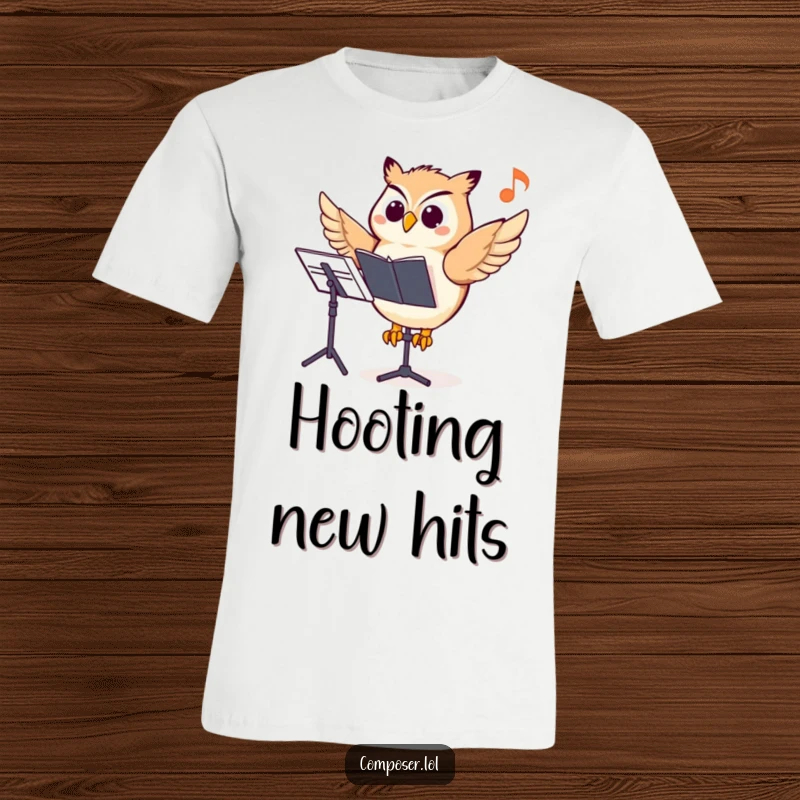 Funny owl composer t-shirt, a wise owl perched on a music stand, pointing excitedly at a musical note.