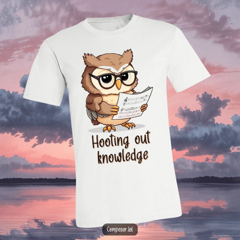 Funny Owl Scholar T-Shirt - A focused owl wearing spectacles intensely reading sheet music, ideal for music and book lovers.