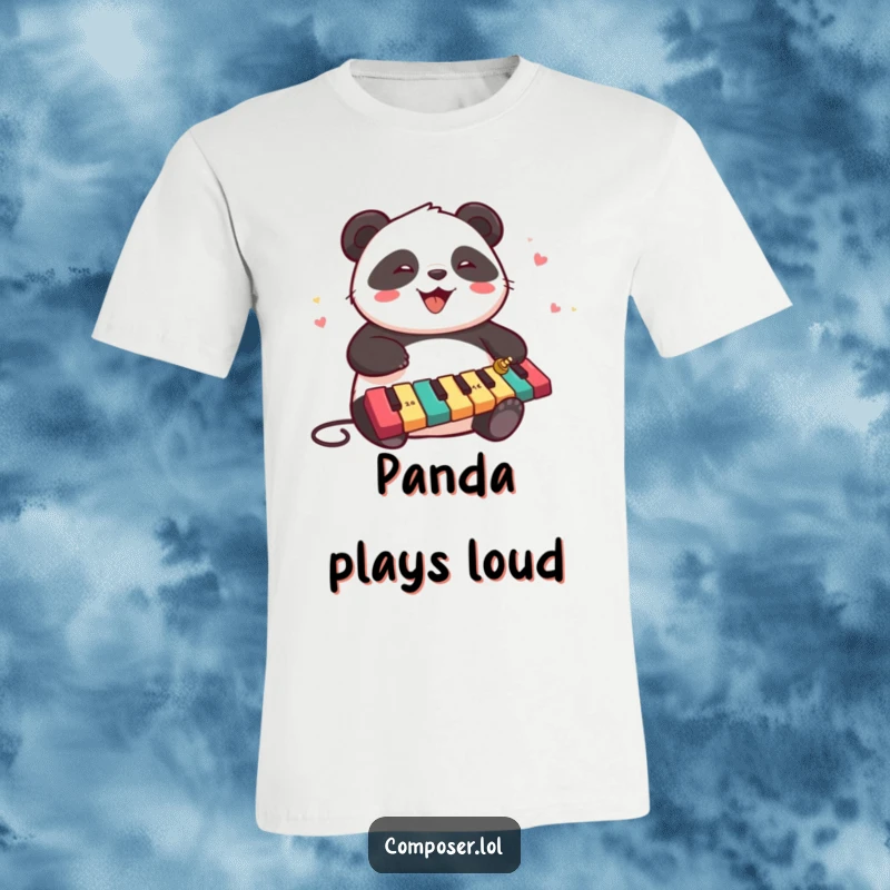 Funny chubby panda character joyfully playing a cascade of xylophone keys on a comfortable t-shirt, making music.