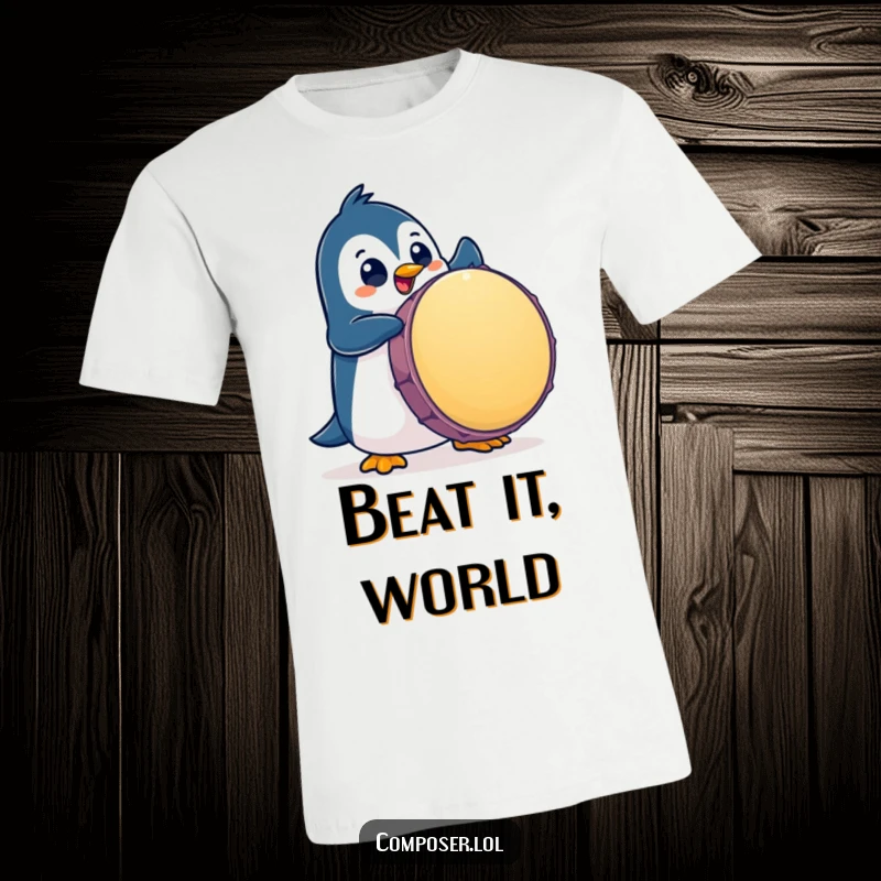 Funny Penguin T-Shirt: A playful penguin character enthusiastically pounds a giant drum with wide, excited eyes.
