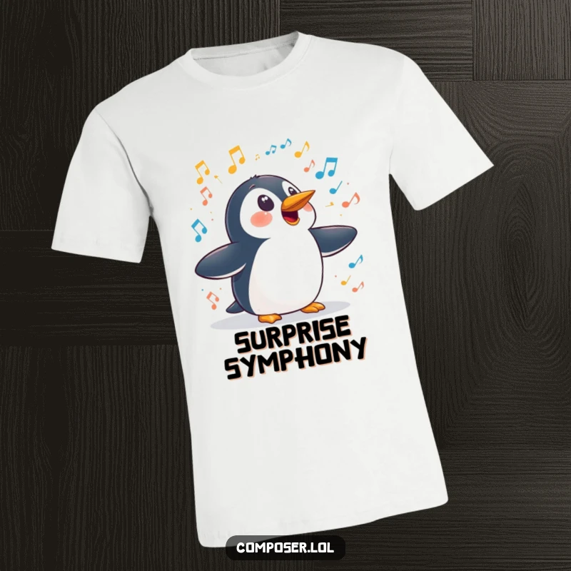 Funny penguin symphony t-shirt, a penguin looking comically surprised as a symphony of sounds explodes around it.