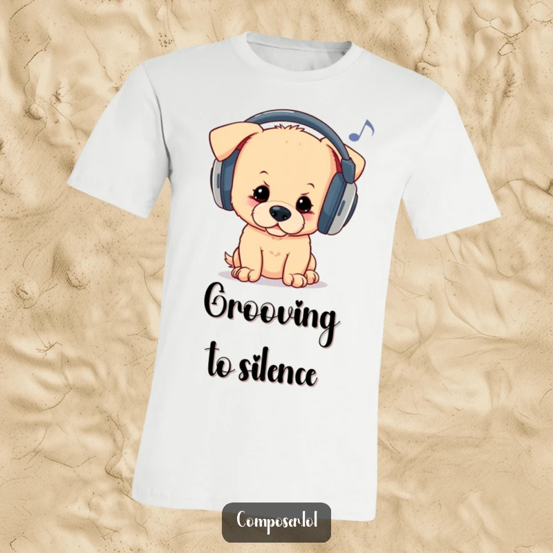 Funny t-shirt featuring a curious puppy wearing oversized headphones, bopping its head to unheard melodies, radiating cool musical vibes.