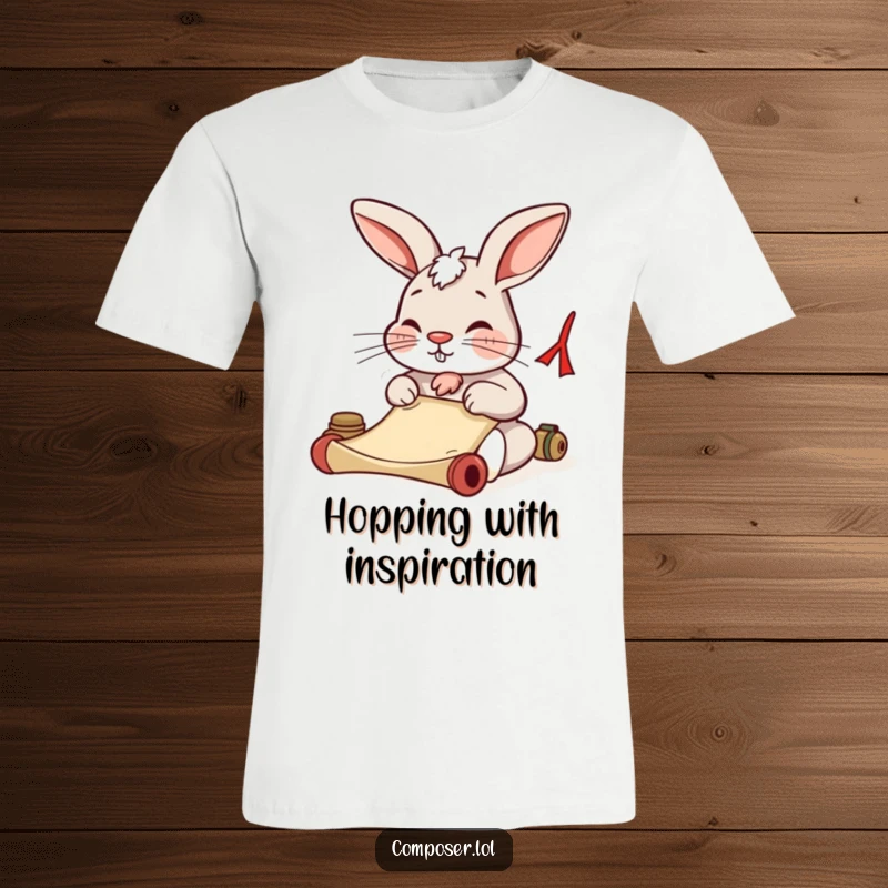 Funny rabbit focused on writing on a scroll, nose twitching, on a comfortable t-shirt. Great for authors.