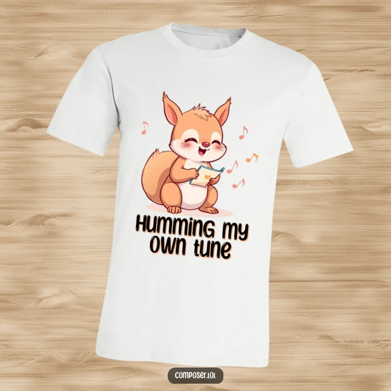 Funny Squirrel Composer T-Shirt, depicting a joyful squirrel giggling while composing music, with notes floating around.
