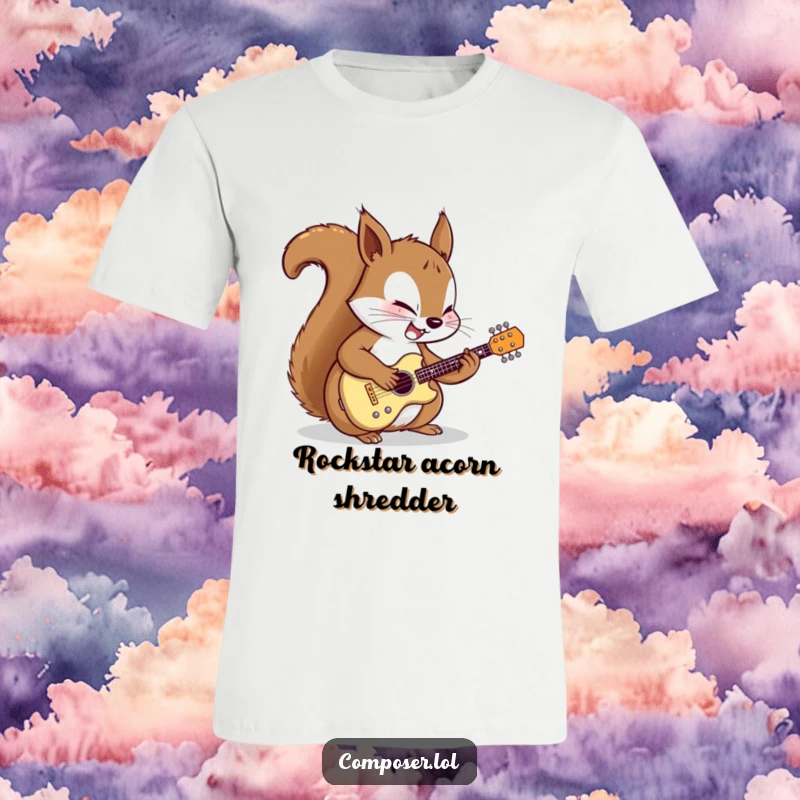 Funny t-shirt design of a determined cartoon squirrel intently tuning a miniature guitar, exuding focused joy and musical dedication.