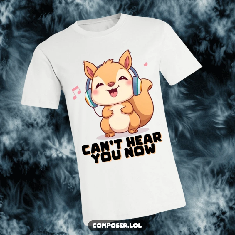 Funny Squirrel Party T-Shirt: Happy rodent with headphones bops head, dancing to music enthusiastically, cool gift